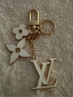 White Enamel Monogram Key & Bag Charm with Gold Hardware